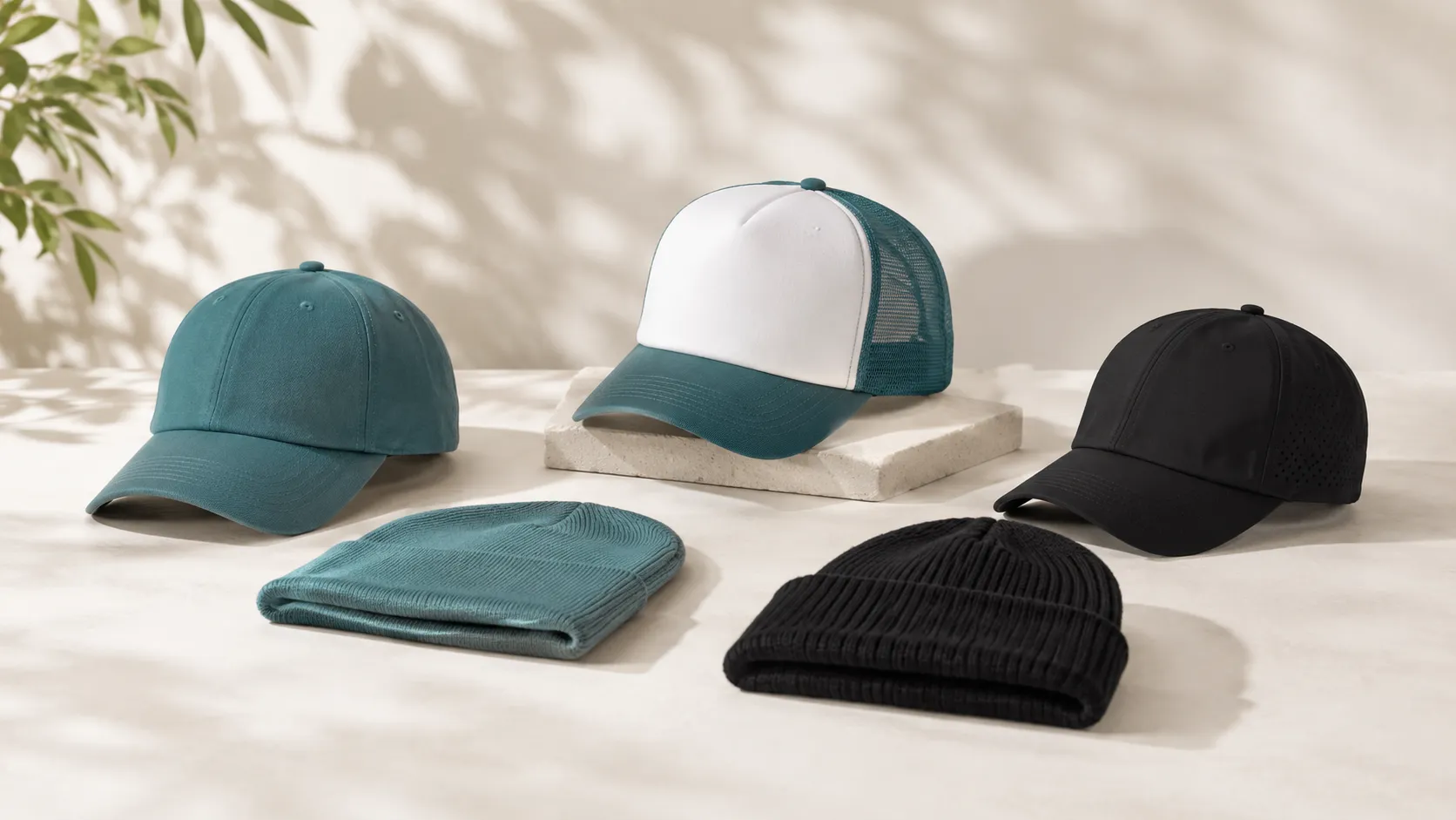 Casquettes et bonnets personnalisés présentés dans une mise en scène sobre