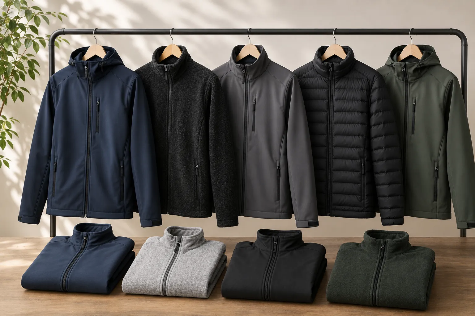 Vestes, polaires et softshells personnalisables présentées en composition produit