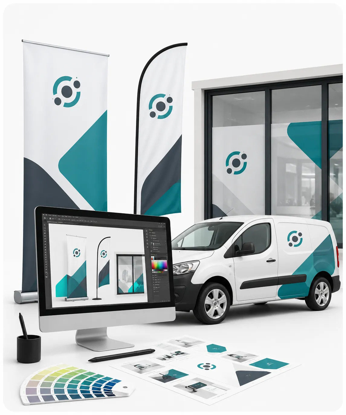 Création graphique pour supports de signalétique avec roll-up, drapeau, vitrophanie et marquage véhicule