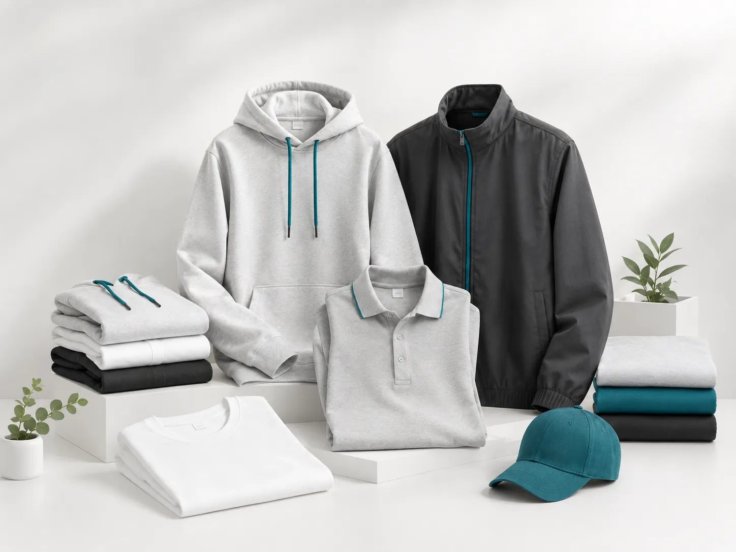 Composition de textiles personnalisables avec sweat, polo, veste, casquette et accessoires
