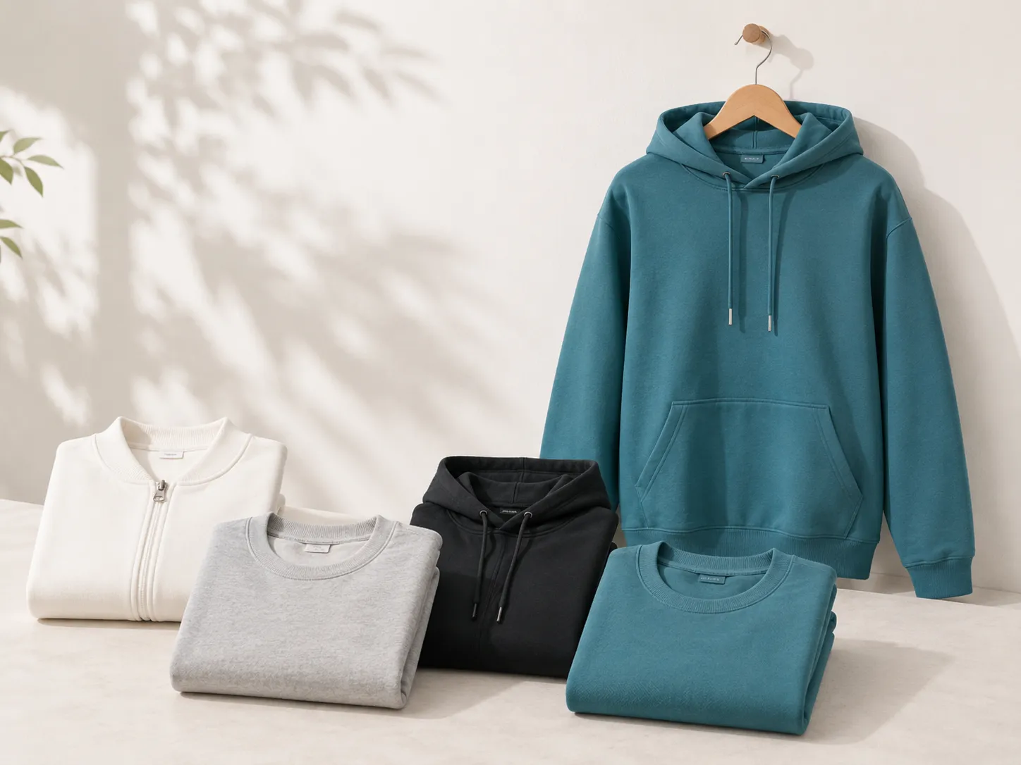 Sweats personnalisés présentés dans une mise en scène textile sobre