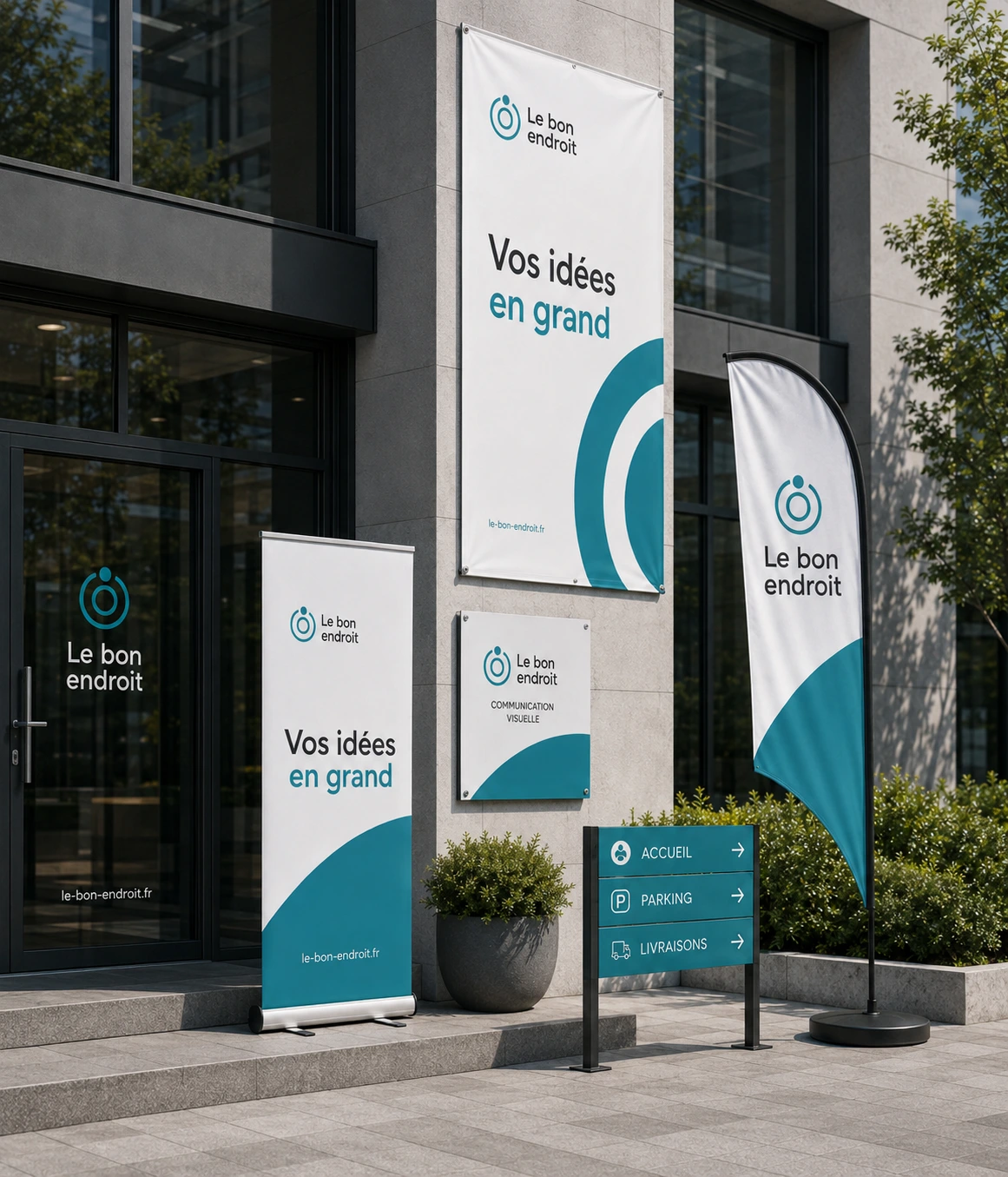 Signalétique grand format Le Bon Endroit à Bressuire : bâche, roll-up, panneau, vitrophanie et drapeau personnalisés