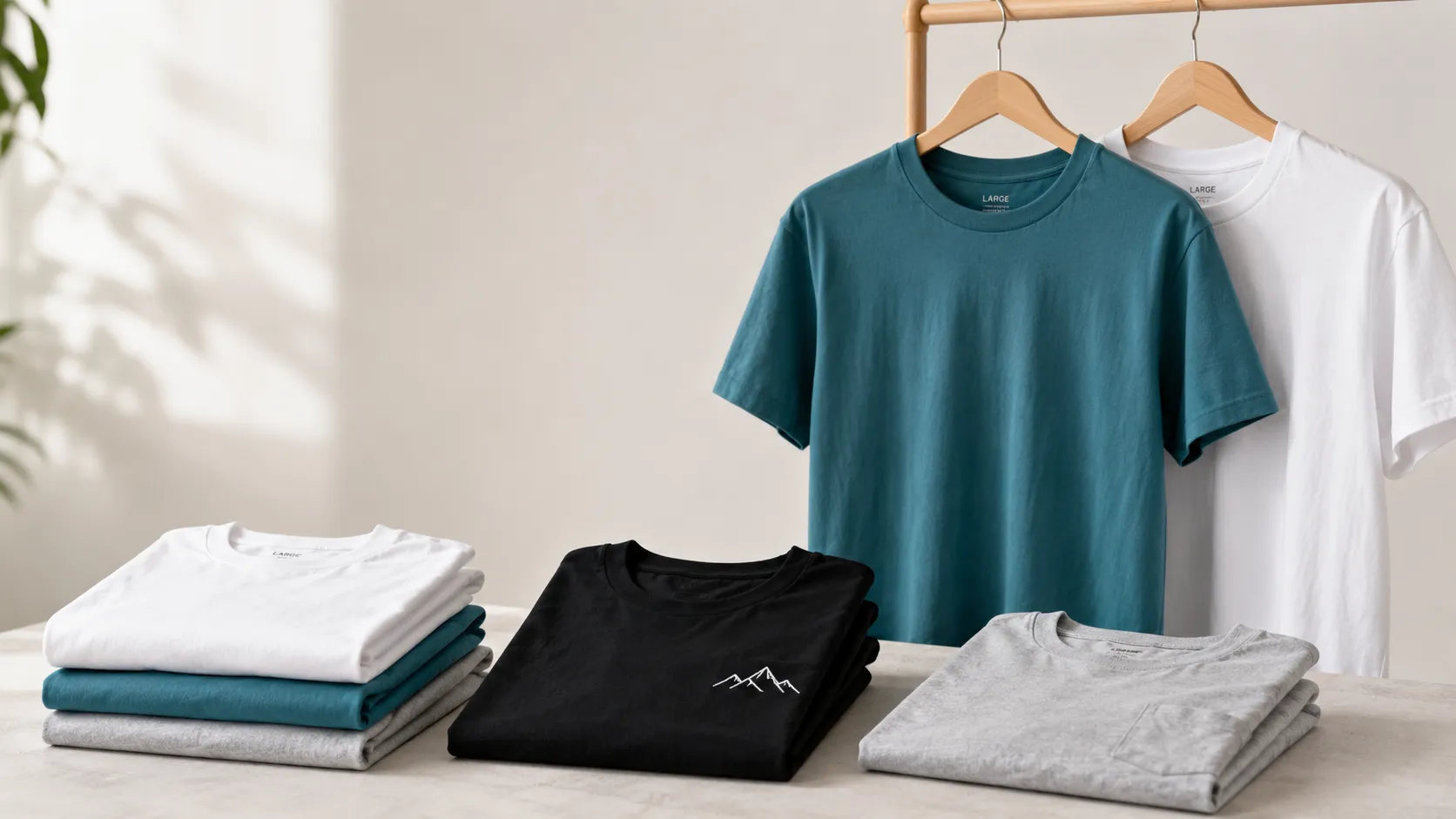 Sélection de t-shirts personnalisés présentés dans une mise en scène sobre