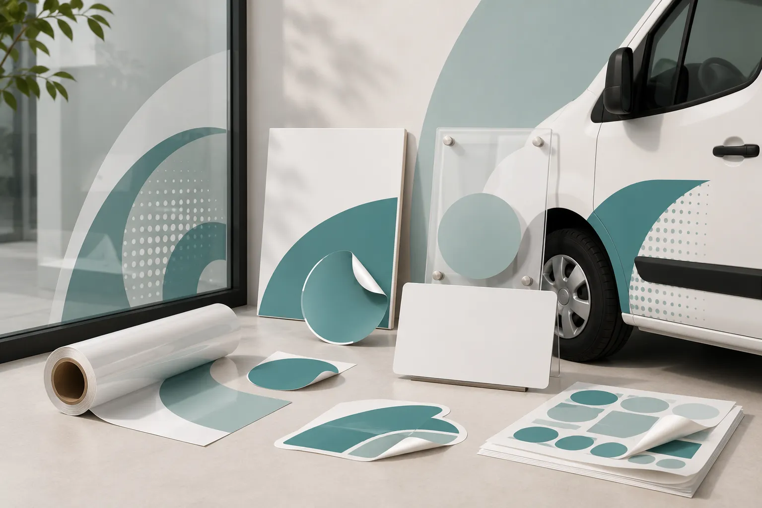Stickers, adhésifs et vitrophanie avec vinyle, formes adhésives, vitrine et marquage véhicule