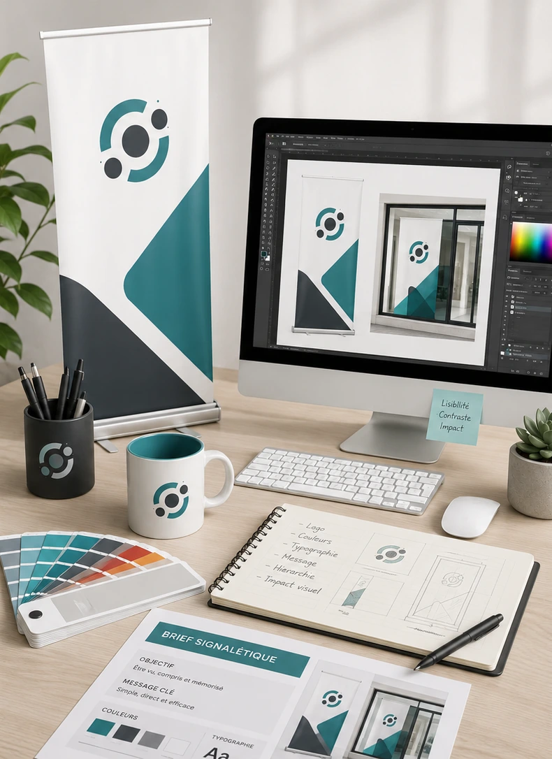 Espace de travail de création graphique avec écran, nuancier, carnet et objets publicitaires personnalisés