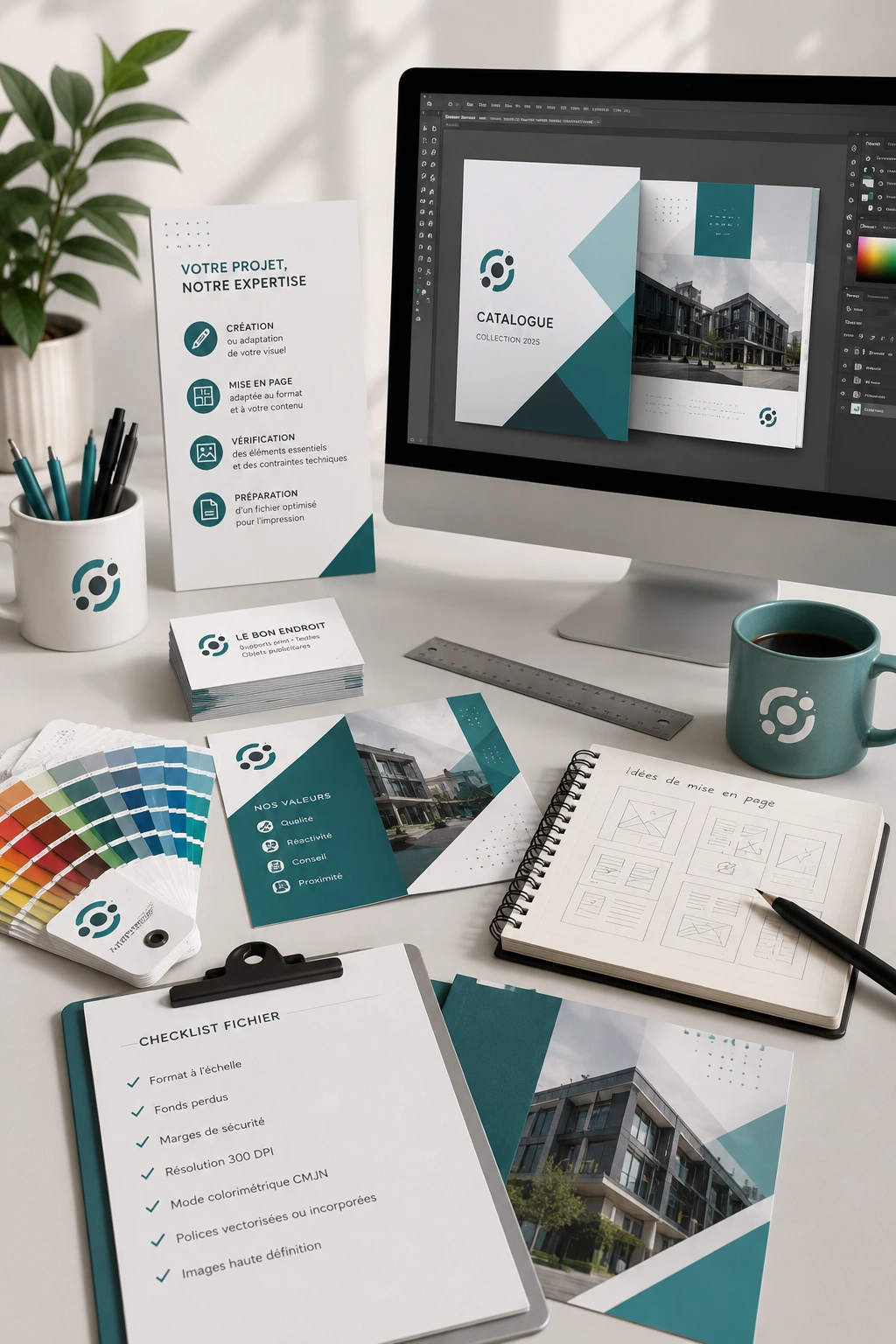 Poste de travail graphique avec brochure, cartes de visite, nuancier et préparation de fichiers pour impression