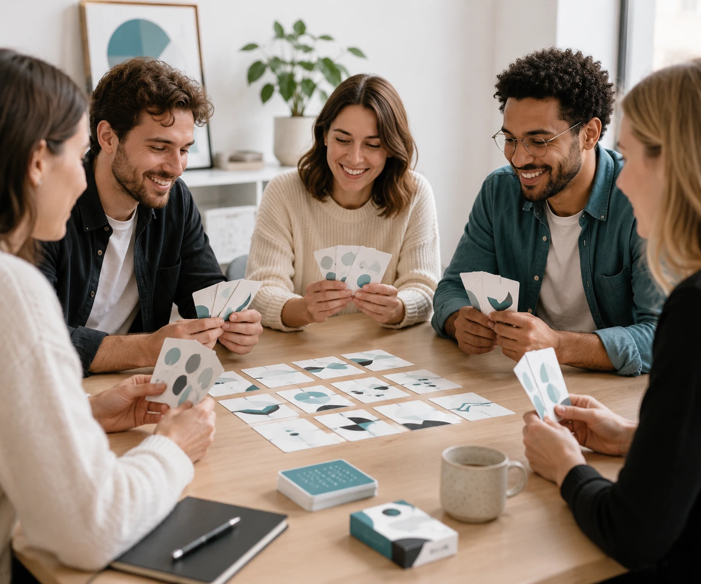Groupe de personnes jouant avec un jeu de cartes sur mesure aux couleurs du Bon Endroit