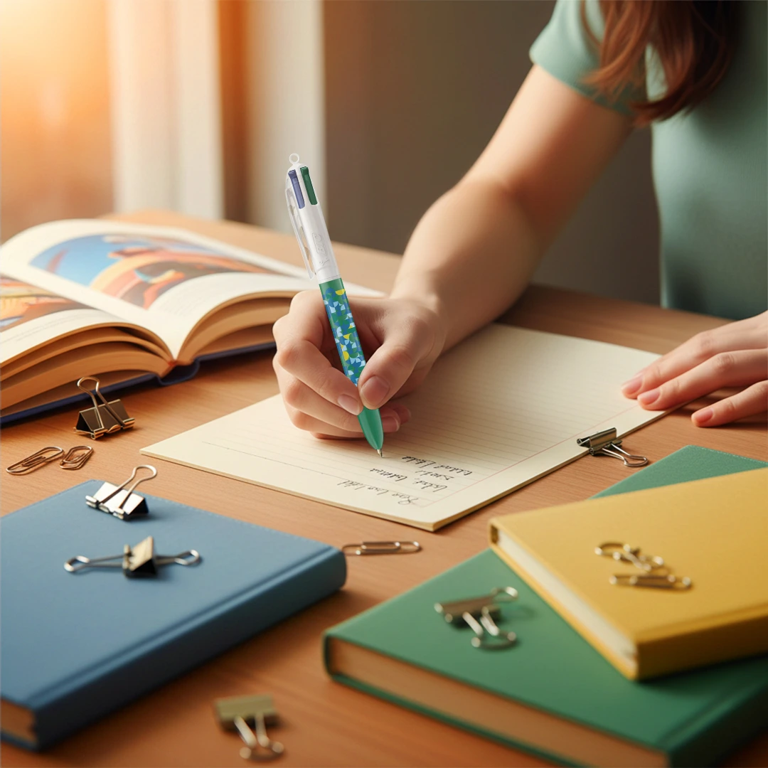Personne écrivant avec un stylo BIC 4 Couleurs personnalisé à côté de carnets